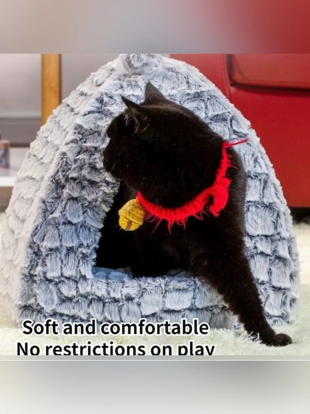 Plush Gray Pet Cat Cave Bed with Easter Toy Basket